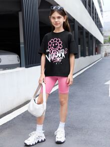SHEIN 女孩花卉和字母圖案落肩T恤和騎行褲 - 粉色 - 查看 4