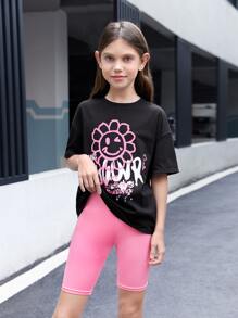 SHEIN 女孩花卉和字母圖案落肩T恤和騎行褲 - 粉色 - 查看 6