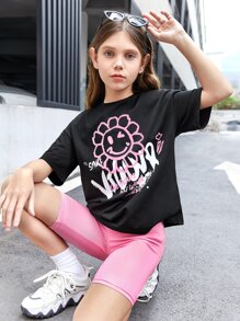 SHEIN 女孩花卉和字母圖案落肩T恤和騎行褲 - 粉色 - 查看 1