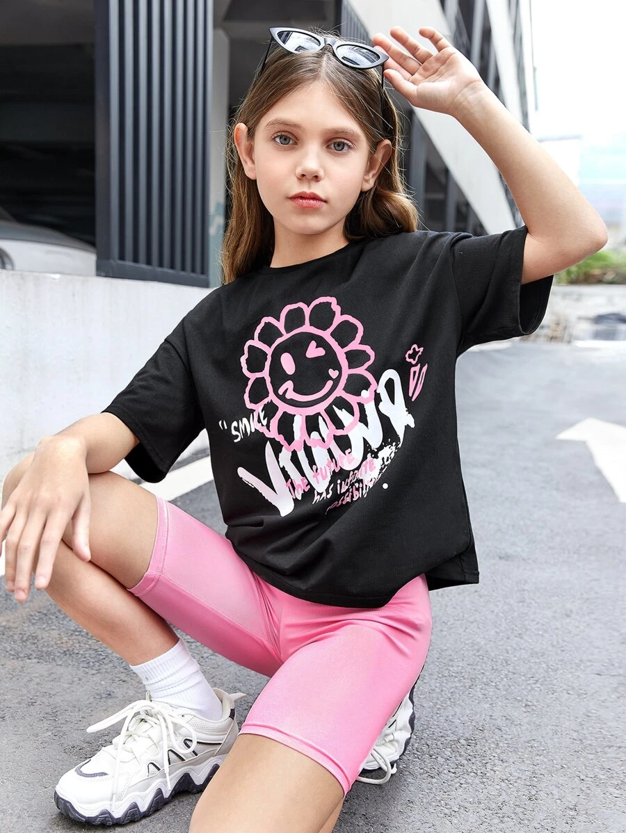 SHEIN 女孩花卉和字母圖案落肩T恤和騎行褲 - 粉色 - 查看 1