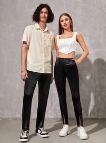 Manfinity 1pc Slant Pocket Split Hem Trousers - Black - View 5