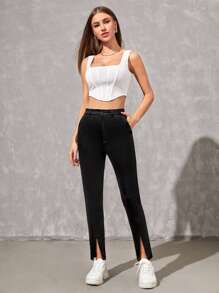 Manfinity 1pc Slant Pocket Split Hem Trousers - Black - View 4