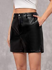 Manfinity 1pc Solid PU Leather Shorts - Black - View 3