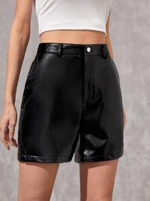 Manfinity 1pc Solid PU Leather Shorts - Black - View 1