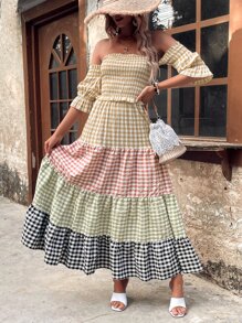 SHEIN VCAY 格紋印花一字肩荷葉邊連衣裙 - 彩色 - 查看 6