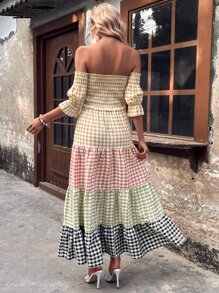 SHEIN VCAY 格紋印花一字肩荷葉邊連衣裙 - 彩色 - 查看 2