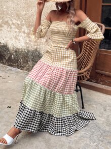 SHEIN VCAY 格紋印花一字肩荷葉邊連衣裙 - 彩色 - 查看 4