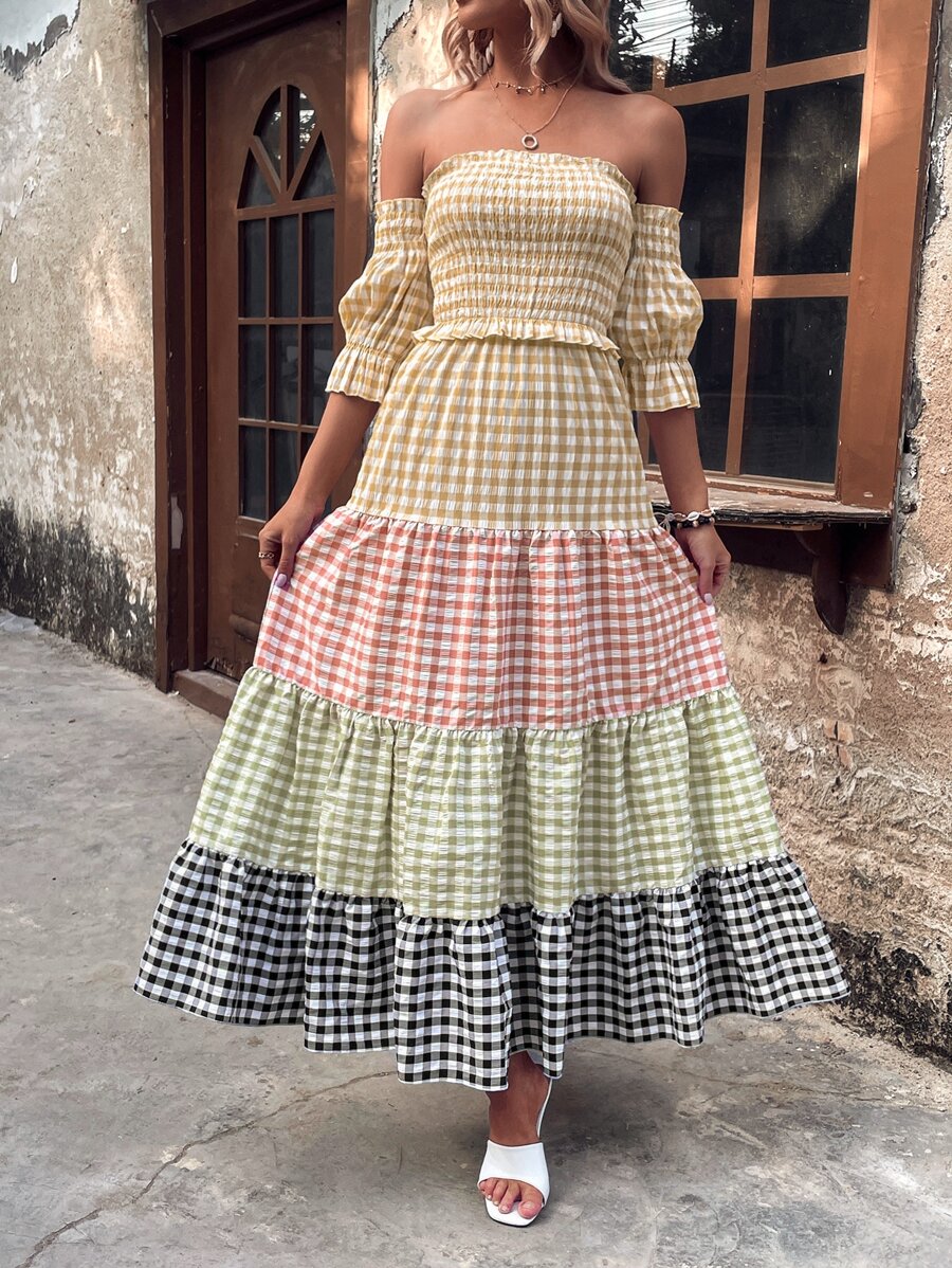 SHEIN VCAY 格紋印花一字肩荷葉邊連衣裙 - 彩色 - 查看 1