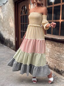 SHEIN VCAY 格紋印花一字肩荷葉邊連衣裙 - 彩色 - 查看 7