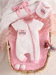 Baby Girl Polka Dot & Letter Graphic Jumpsuit & Accessory Headband & Bib & Gloves - White - View 1