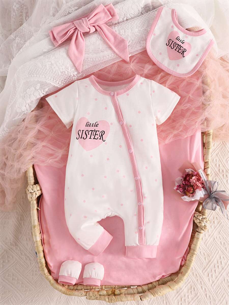 Baby Girl Polka Dot & Letter Graphic Jumpsuit & Accessory Headband & Bib & Gloves - White - View 1