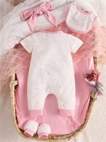 Baby Girl Polka Dot & Letter Graphic Jumpsuit & Accessory Headband & Bib & Gloves - White - View 2