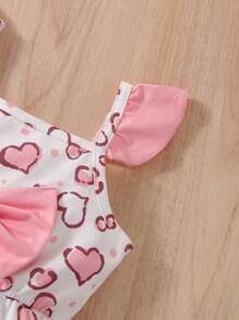 Baby Heart Print Bow Front Ruffle Trim Jumpsuit & Headband - White - View 4