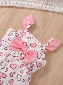 Baby Heart Print Bow Front Ruffle Trim Jumpsuit & Headband - White - View 5