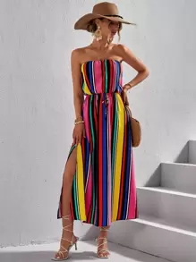 SHEIN VCAY 塊狀條紋前打結高衩抹胸連衣裙 - 彩色 - 查看 1