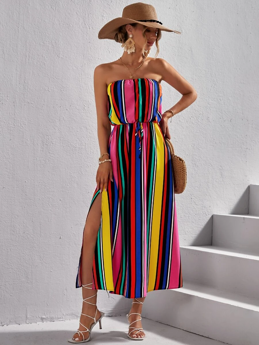 SHEIN VCAY 塊狀條紋前打結高衩抹胸連衣裙 - 彩色 - 查看 1