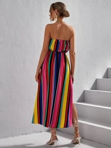 SHEIN VCAY 塊狀條紋前打結高衩抹胸連衣裙 - 彩色 - 查看 2