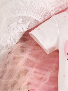 Baby Girl Polka Dot & Letter Graphic Jumpsuit & Accessory Headband & Bib & Gloves - White - View 4