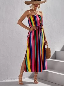 SHEIN VCAY 塊狀條紋前打結高衩抹胸連衣裙 - 彩色 - 查看 3