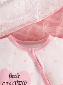 Baby Girl Polka Dot & Letter Graphic Jumpsuit & Accessory Headband & Bib & Gloves - White - View 5