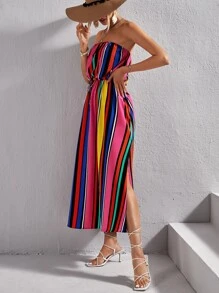 SHEIN VCAY 塊狀條紋前打結高衩抹胸連衣裙 - 彩色 - 查看 5