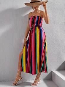SHEIN VCAY 塊狀條紋前打結高衩抹胸連衣裙 - 彩色 - 查看 6