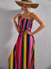 SHEIN VCAY 塊狀條紋前打結高衩抹胸連衣裙 - 彩色 - 查看 7