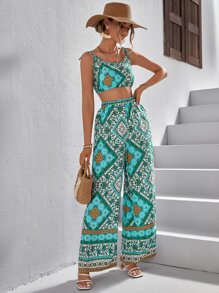 SHEIN VCAY 圍巾圖案短款背心和闊腿褲 - 彩色 - 查看 3