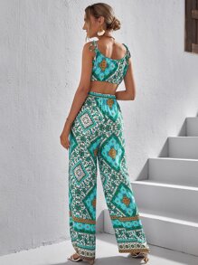 SHEIN VCAY 圍巾圖案短款背心和闊腿褲 - 彩色 - 查看 2