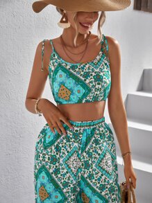 SHEIN VCAY 圍巾圖案短款背心和闊腿褲 - 彩色 - 查看 4