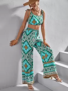 SHEIN VCAY 圍巾圖案短款背心和闊腿褲 - 彩色 - 查看 5