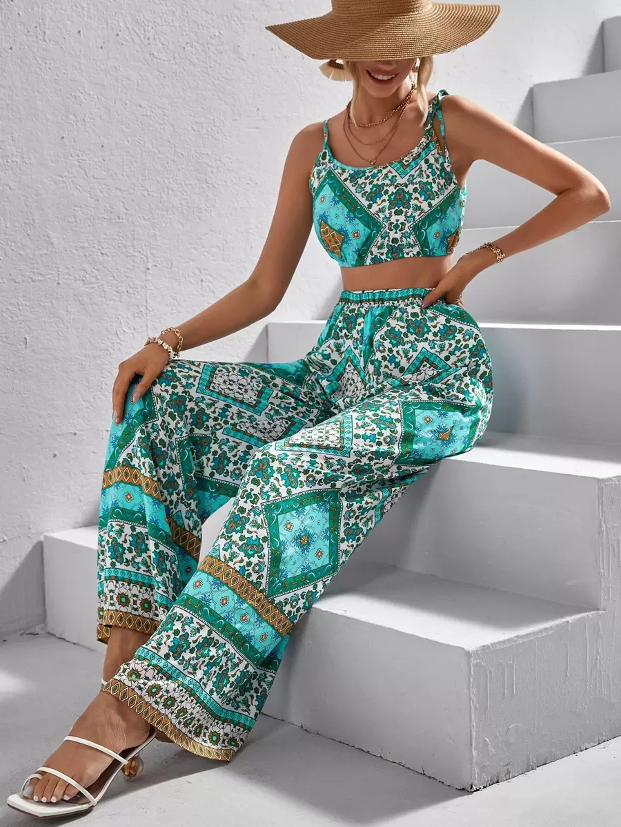 SHEIN VCAY 圍巾圖案短款背心和闊腿褲 - 彩色 - 查看 1