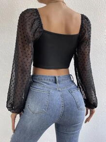 SHEIN Essnce Dobby Mesh Lantern Sleeve Asymmetrical Hem Crop Top - Black - View 2