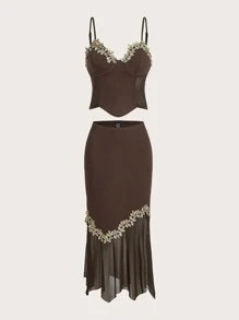 SHEIN ICON Appliques Symmetrical Hem Cami Top & Contrast Mesh Skirt - Coffee Brown - View 1
