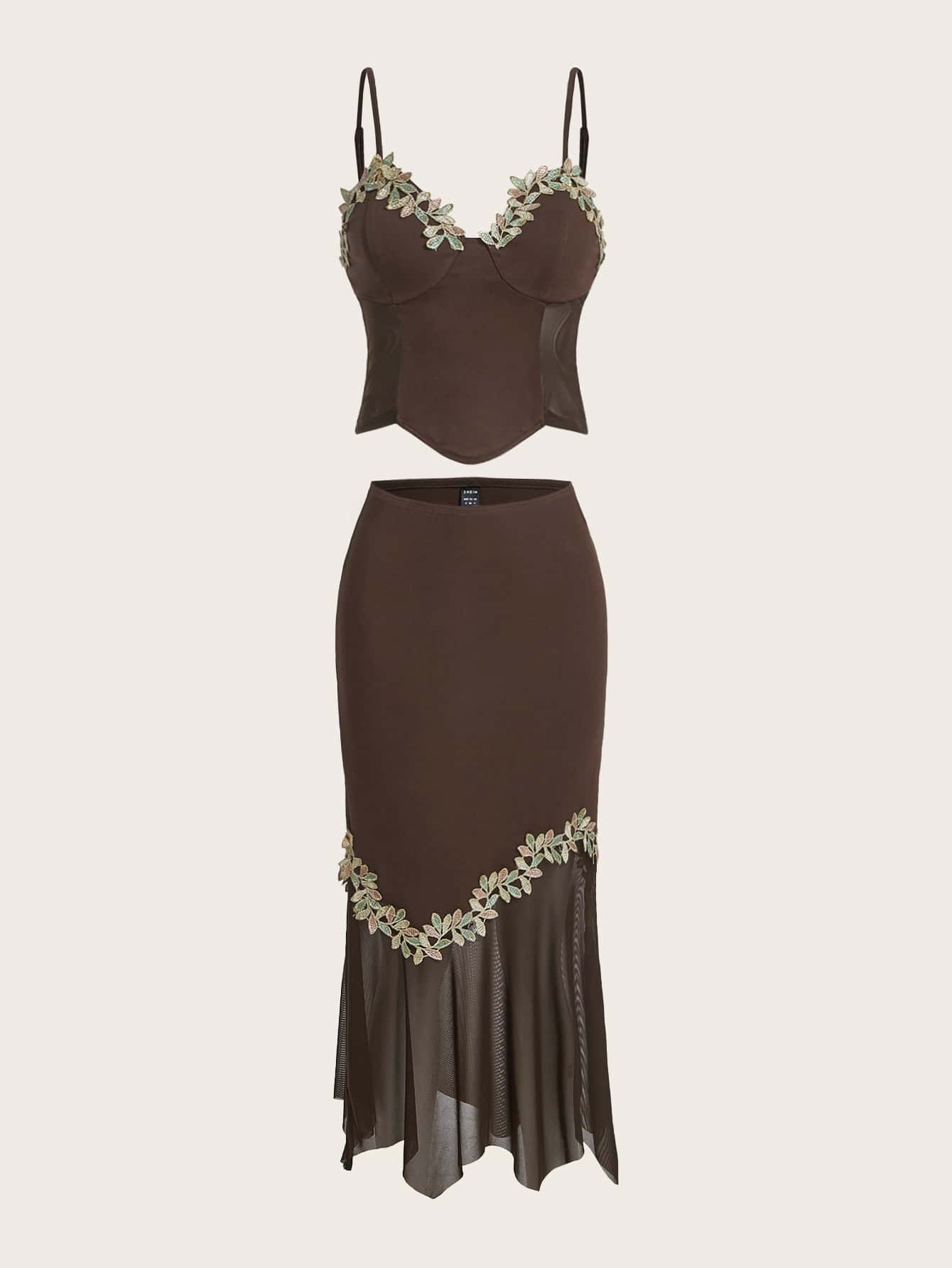 SHEIN ICON Appliques Symmetrical Hem Cami Top & Contrast Mesh Skirt - Coffee Brown - View 1