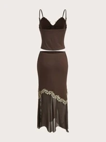 SHEIN ICON Appliques Symmetrical Hem Cami Top & Contrast Mesh Skirt - Coffee Brown - View 2