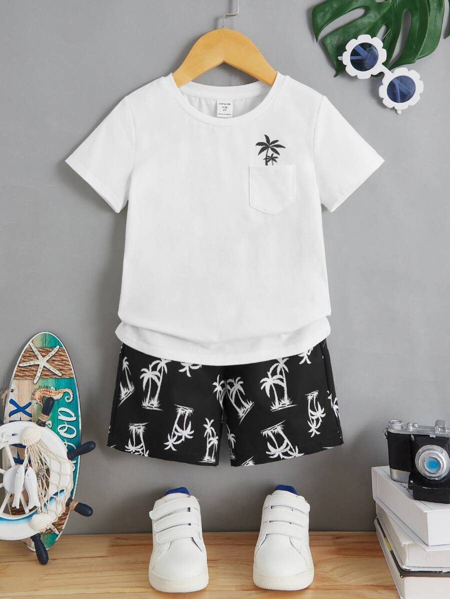 SHEIN Toddler Boys Palm Tree Print Patched Pocket Tee & Shorts - Black and White - View 1