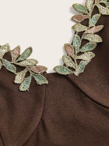 SHEIN ICON Appliques Symmetrical Hem Cami Top & Contrast Mesh Skirt - Coffee Brown - View 3