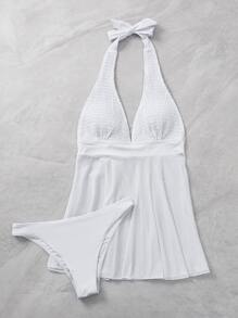 Swim Vcay Plain Smocked Halter Swim Dress Summer Beach - White - View 3