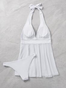 Swim Vcay Plain Smocked Halter Swim Dress Summer Beach - White - View 4
