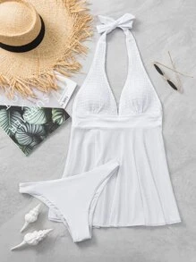 Swim Vcay Plain Smocked Halter Swim Dress Summer Beach - White - View 5