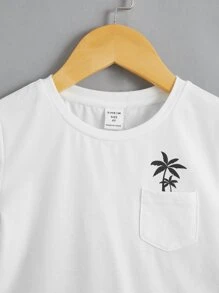 SHEIN Toddler Boys Palm Tree Print Patched Pocket Tee & Shorts - Black and White - View 3