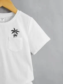 SHEIN Toddler Boys Palm Tree Print Patched Pocket Tee & Shorts - Black and White - View 4