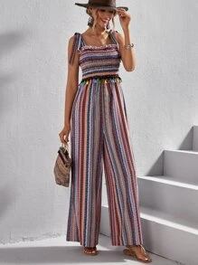 SHEIN VCAY Striped & Geo Print Tie Shoulder Wide Leg Jumpsuit - Multicolor - View 3