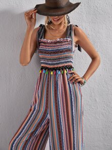 SHEIN VCAY Striped & Geo Print Tie Shoulder Wide Leg Jumpsuit - Multicolor - View 1