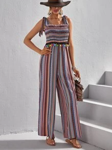 SHEIN VCAY Striped & Geo Print Tie Shoulder Wide Leg Jumpsuit - Multicolor - View 5