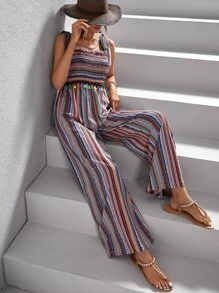 SHEIN VCAY Striped & Geo Print Tie Shoulder Wide Leg Jumpsuit - Multicolor - View 7