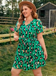 SHEIN LUNE Plus Leopard Print Notched Neck Belted Dress - Multicolor - View 5