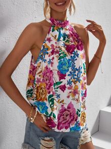 SHEIN VCAY Floral Print Halter Neck Blouse - Multicolor - View 3