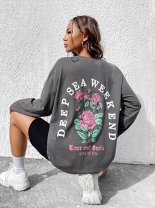 SHEIN EZwear Floral & Slogan Graphic Drop Shoulder Tee - Grey - View 1